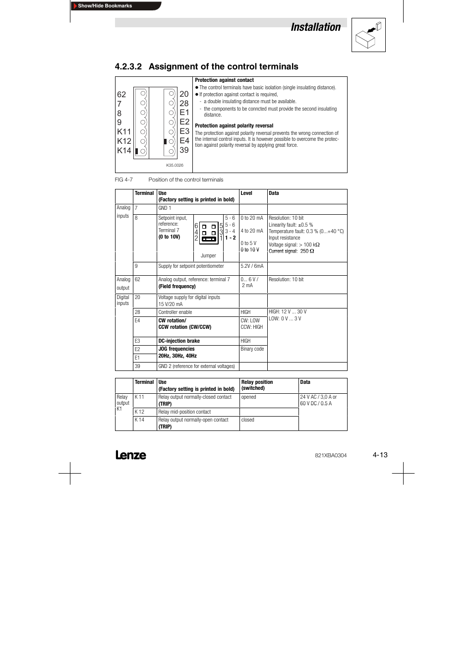 2 assignment of the control terminals, Installation | Lenze 8210 series User Manual | Page 31 / 70