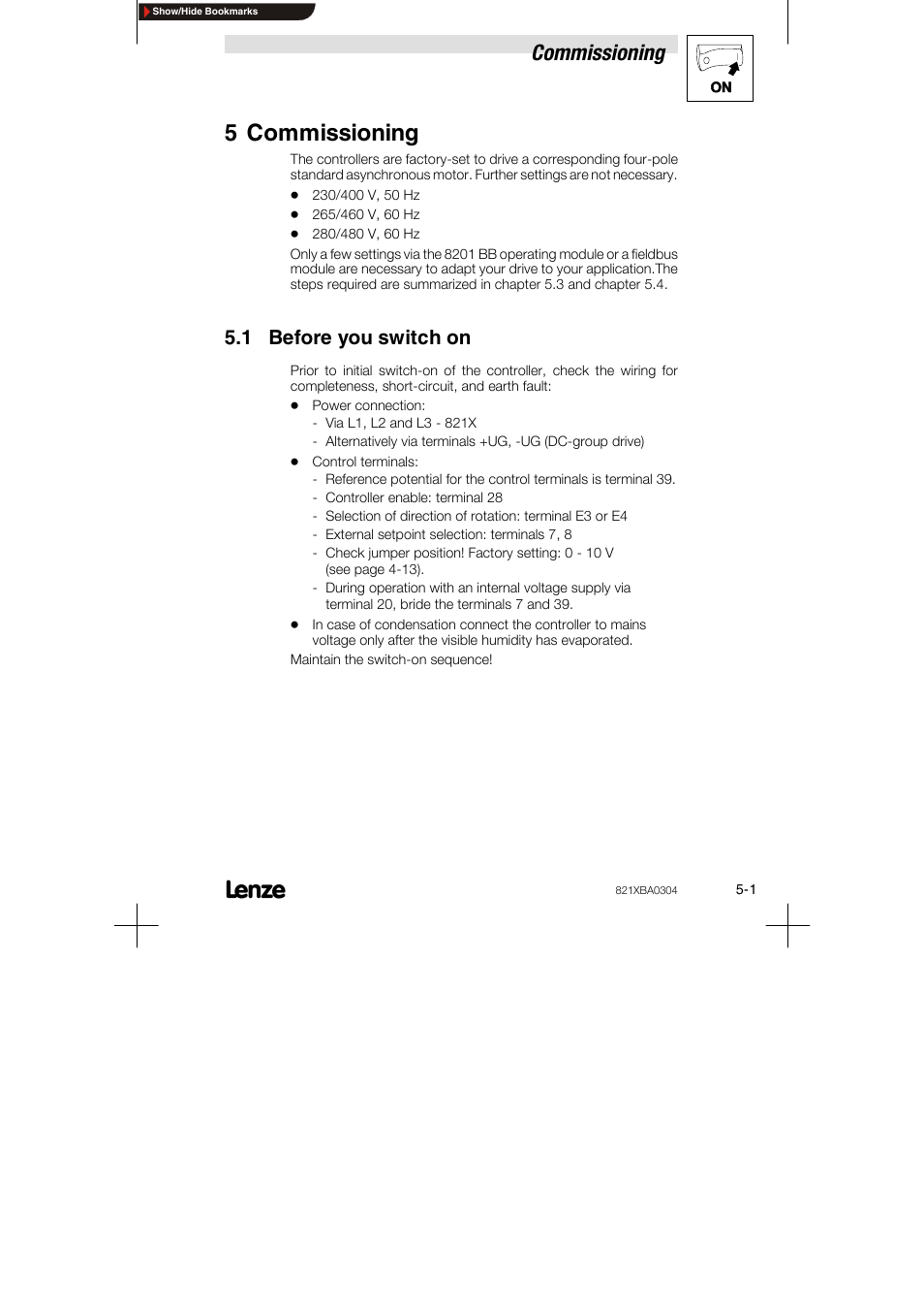 5 commissioning, 1 before you switch on, Commissioning | Lenze 8210 series User Manual | Page 37 / 70