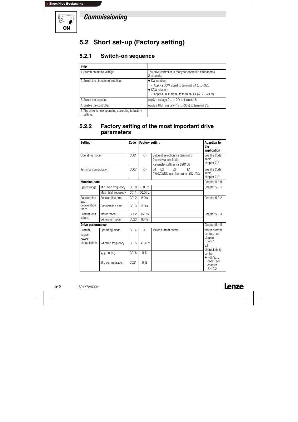 2 short set-up (factory-setting), 1 switch-on sequence, Commissioning | 2 short set-up (factory setting) | Lenze 8210 series User Manual | Page 38 / 70
