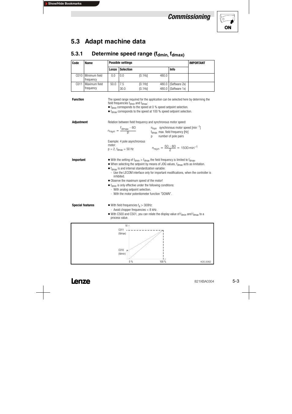 3 adapt machine data, 1 determine speed range (fdmin, fdmax), Commissioning | 1 determine speed range (f | Lenze 8210 series User Manual | Page 39 / 70