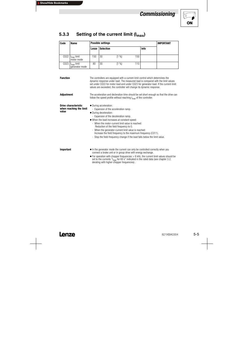 3 setting of the current limit (imax), Commissioning, 3 setting of the current limit (i | Lenze 8210 series User Manual | Page 41 / 70