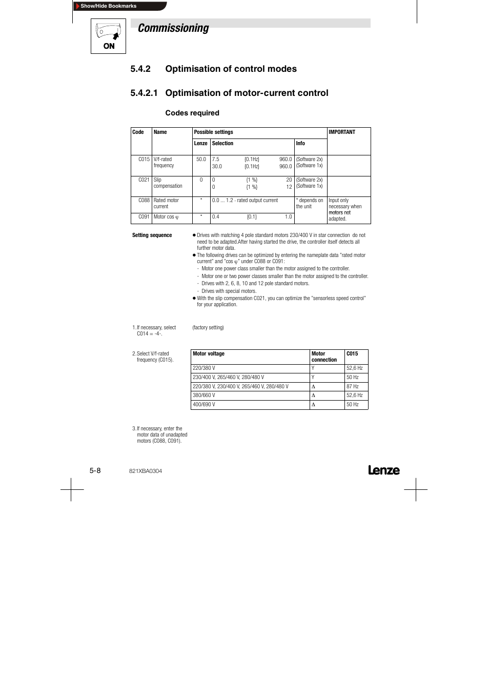 2 optimisation of control modes, 1 optimisation of motor-current control, Commissioning | Lenze 8210 series User Manual | Page 44 / 70