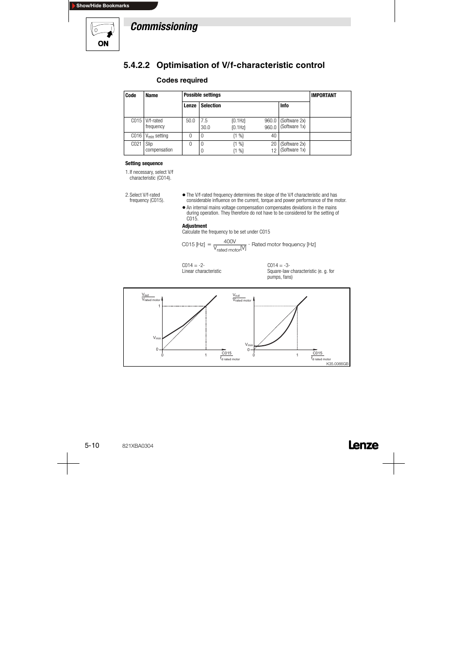 2 optimisation of v(f-characteristic control, Commissioning, 2 optimisation of v/f-characteristic control | Codes required | Lenze 8210 series User Manual | Page 46 / 70