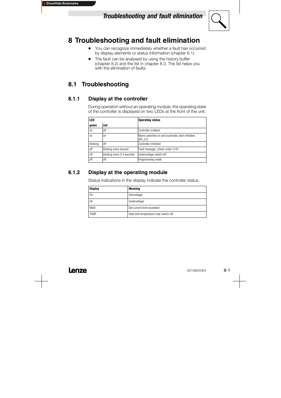 8 troubleshooting and fault elimination, 1 troubleshooting, 1 display at the controller | 2 display at the operating module, Troubleshooting and fault elimination | Lenze 8210 series User Manual | Page 59 / 70