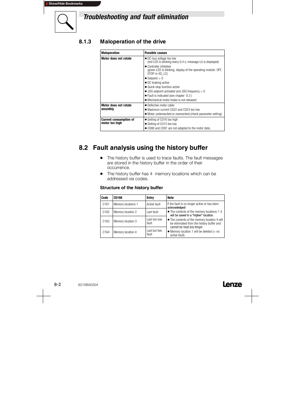 3 maloperation of the drive, 2 fault analysis using the history buffer, Troubleshooting and fault elimination | Lenze 8210 series User Manual | Page 60 / 70