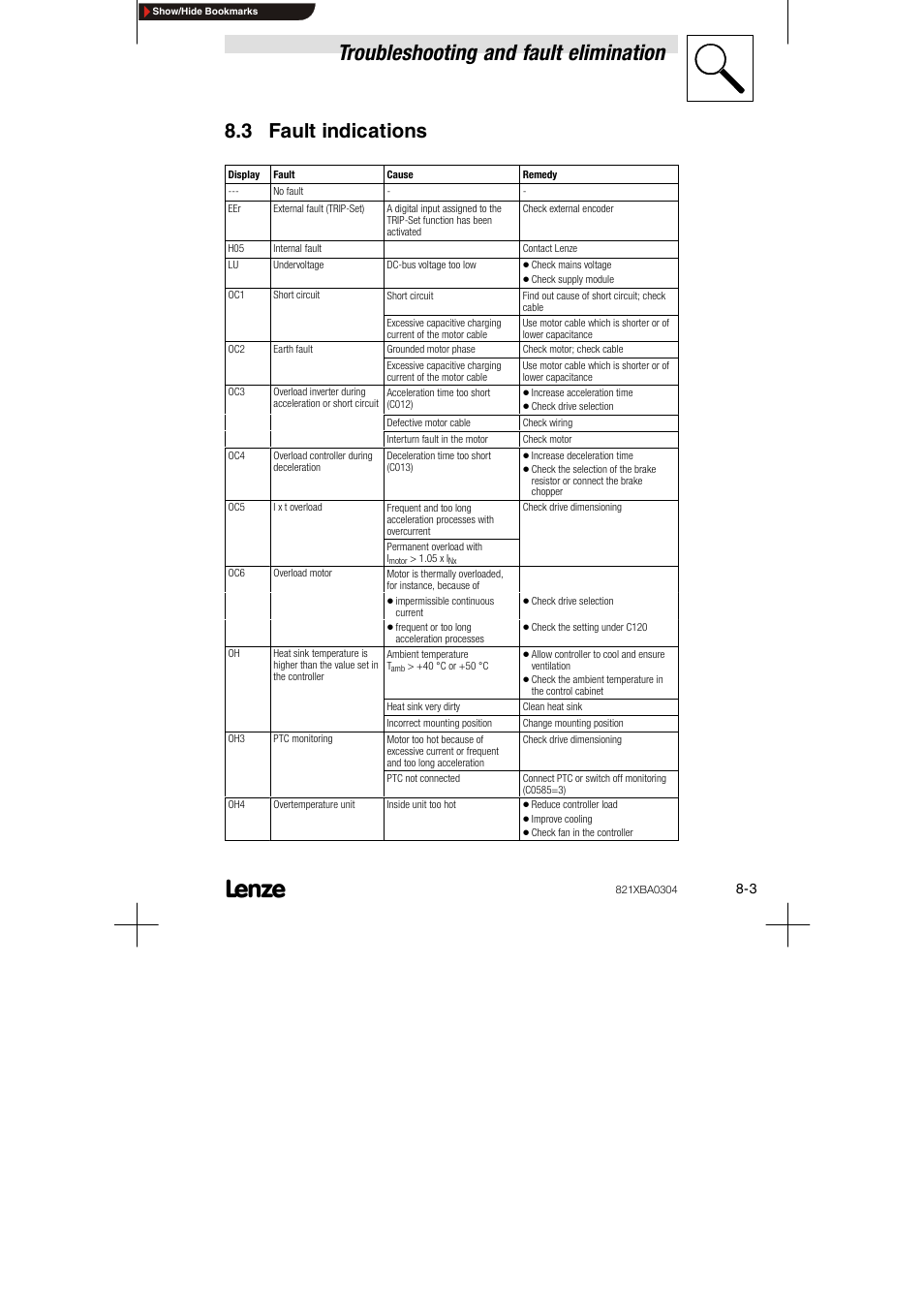 3 fault indications, Troubleshooting and fault elimination | Lenze 8210 series User Manual | Page 61 / 70