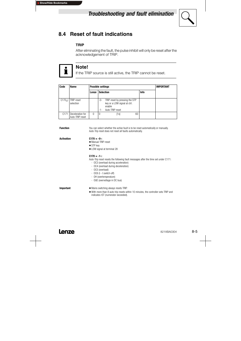4 reset of fault indications, Troubleshooting and fault elimination | Lenze 8210 series User Manual | Page 63 / 70