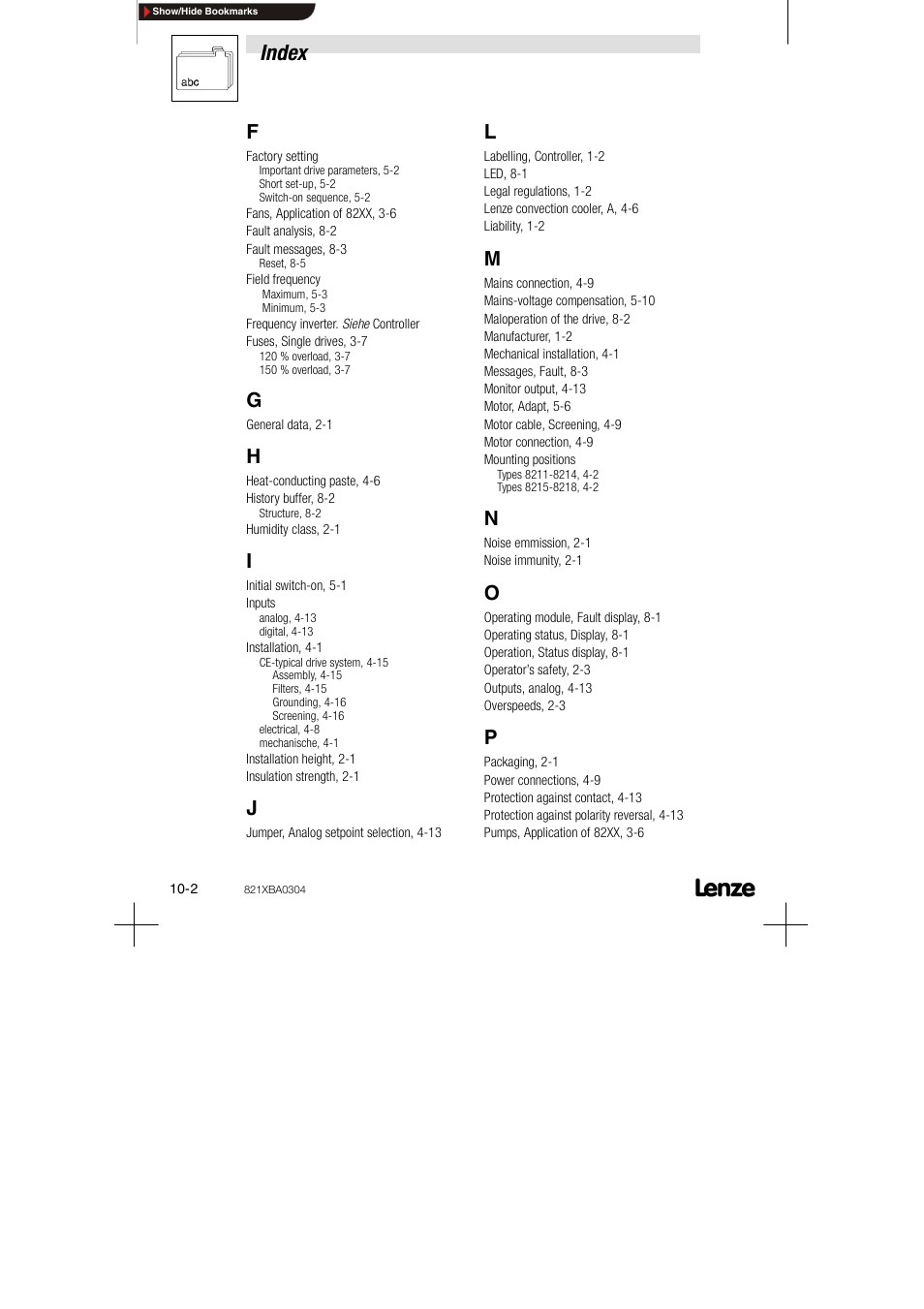 Index | Lenze 8210 series User Manual | Page 68 / 70