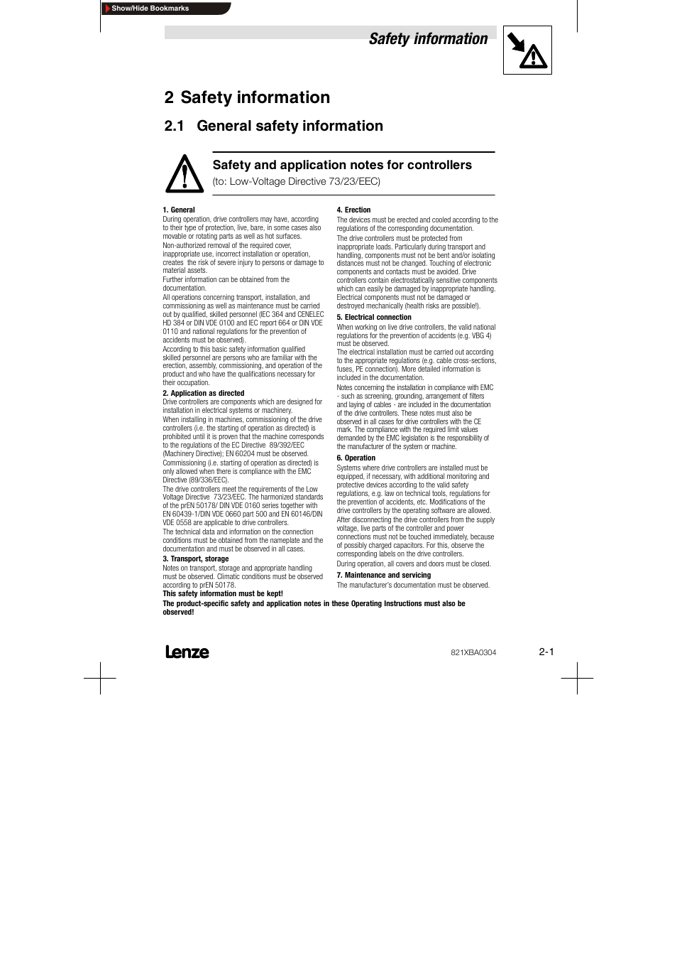 2 safety information, 1 general safety information, Safety information | Lenze 8210 series User Manual | Page 7 / 70