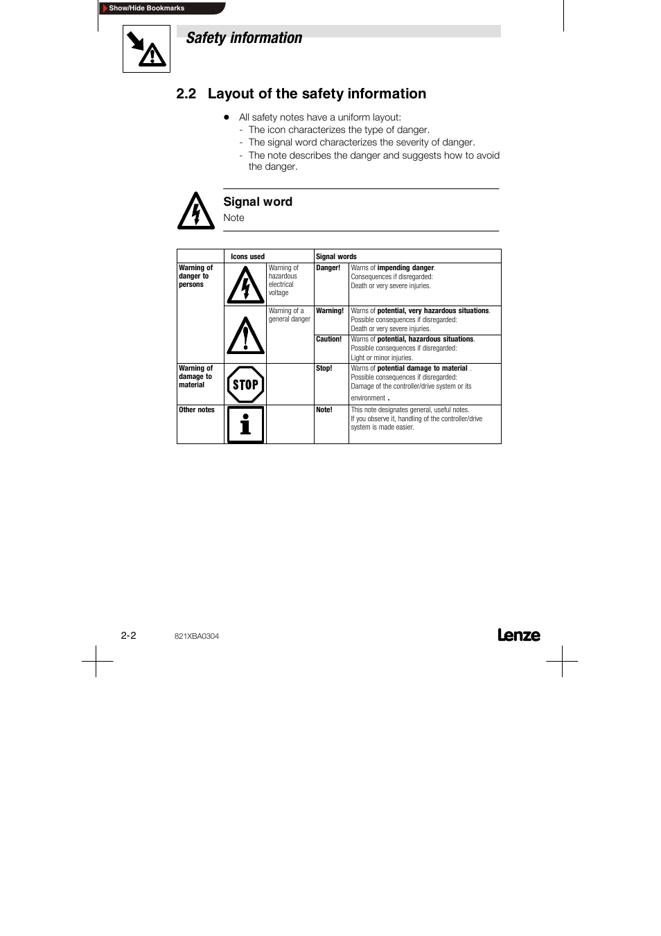 2 layout of the safety information, Safety information, Signal word | Lenze 8210 series User Manual | Page 8 / 70