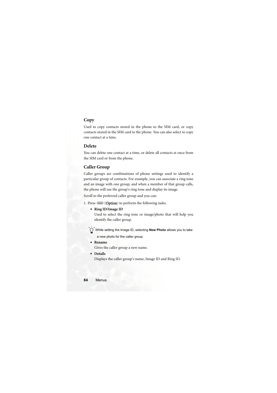 Copy, Delete, Caller group | Copy delete caller group | BenQ Z2 User Manual | Page 100 / 148