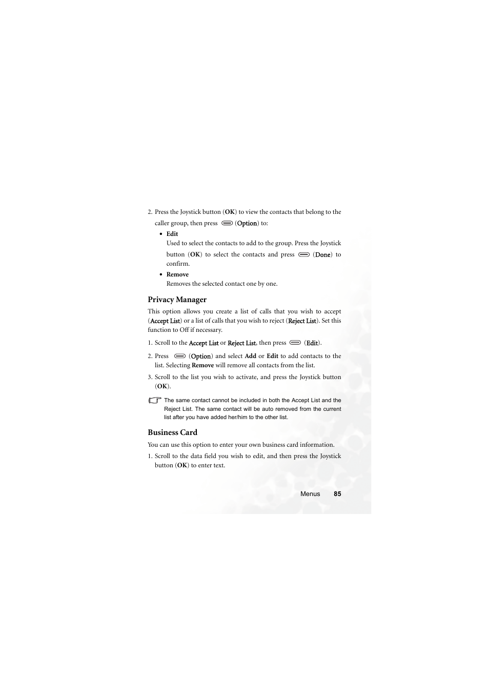 Privacy manager, Business card, Privacy manager business card | BenQ Z2 User Manual | Page 101 / 148