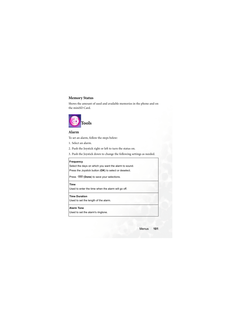 Memory status, Tools, Alarm | BenQ Z2 User Manual | Page 117 / 148