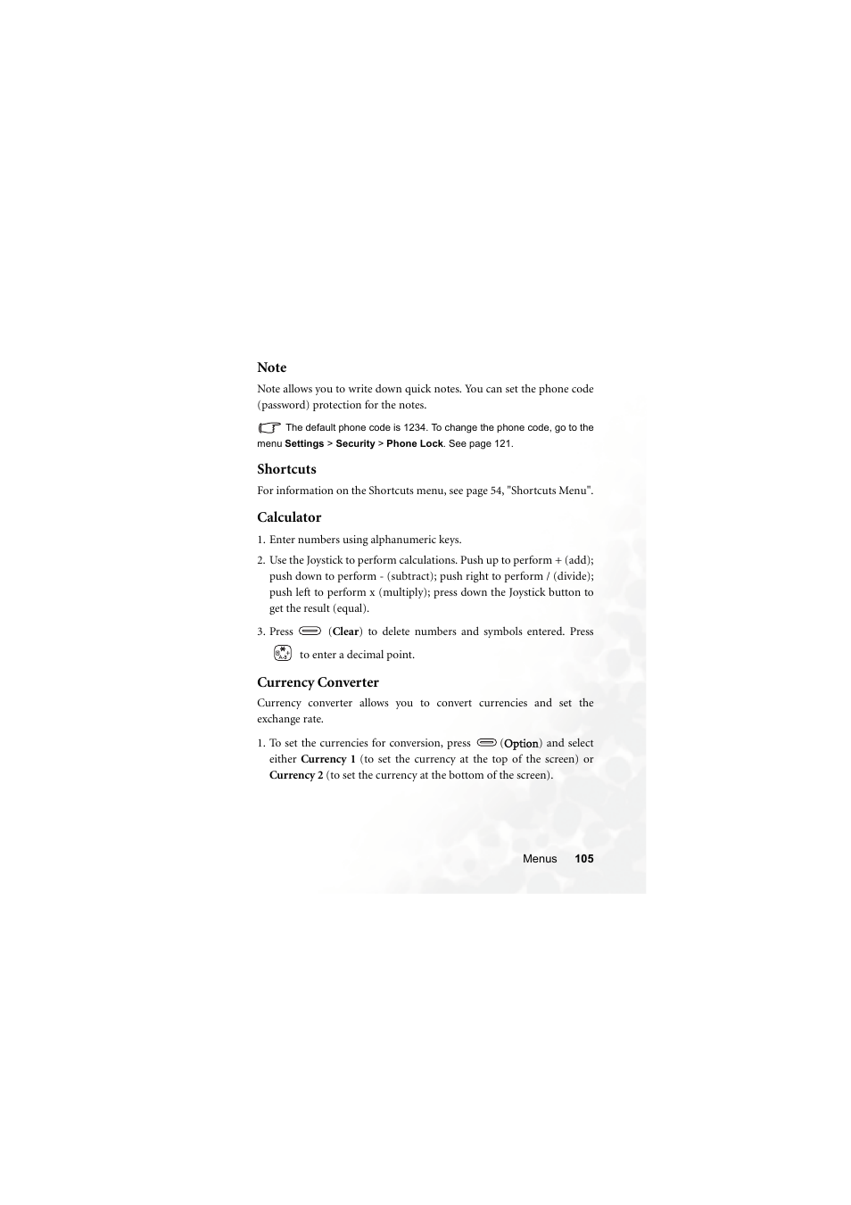 Note, Shortcuts, Calculator | Currency converter, Note shortcuts calculator currency converter | BenQ Z2 User Manual | Page 121 / 148