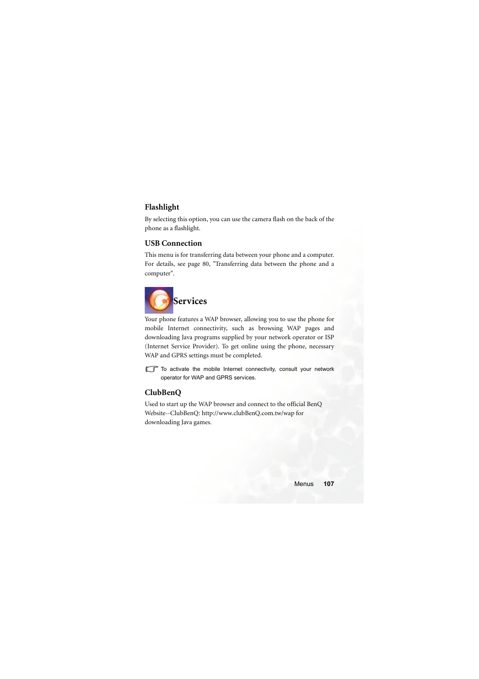 Flashlight, Usb connection, Services | Clubbenq, Flashlight usb connection | BenQ Z2 User Manual | Page 123 / 148