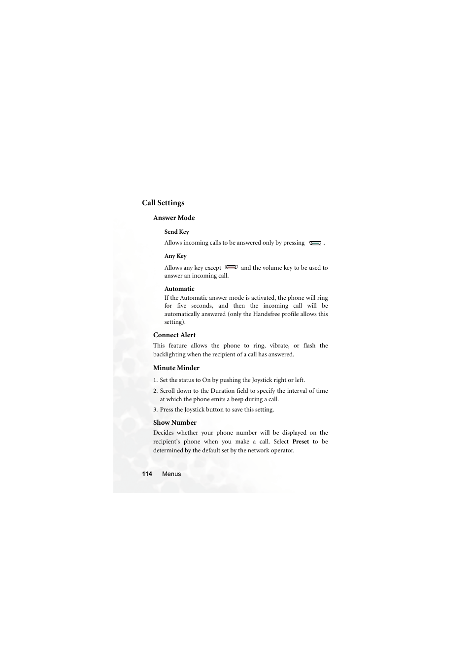 Call settings, Answer mode, Send key | Any key, Automatic, Connect alert, Minute minder, Show number | BenQ Z2 User Manual | Page 130 / 148