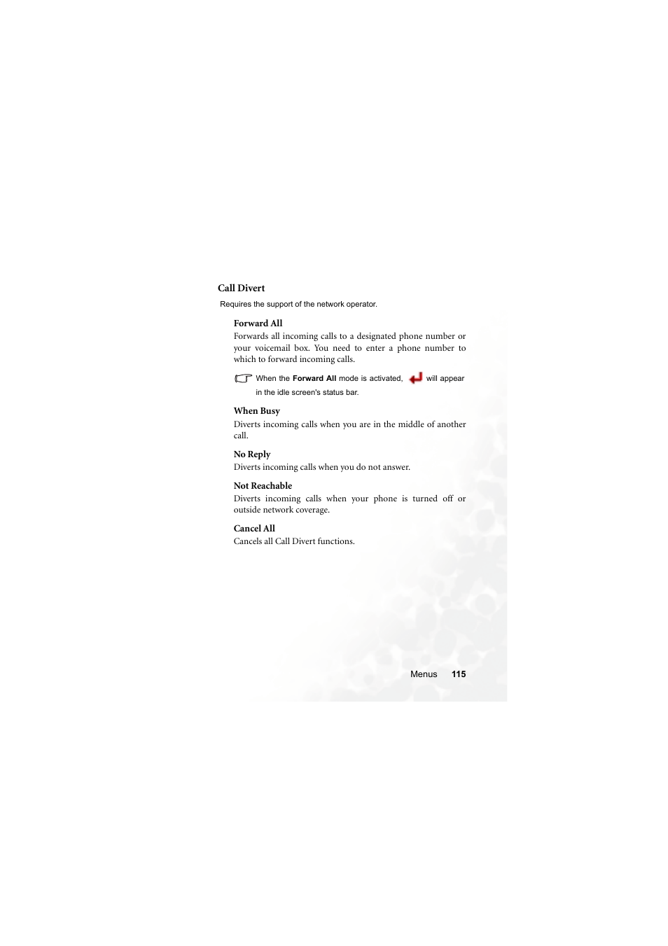 Call divert, Forward all, When busy | No reply, Not reachable, Cancel all | BenQ Z2 User Manual | Page 131 / 148