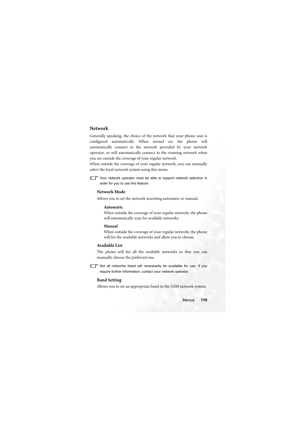 Network, Network mode, Automatic | Manual, Available list, Band setting | BenQ Z2 User Manual | Page 135 / 148