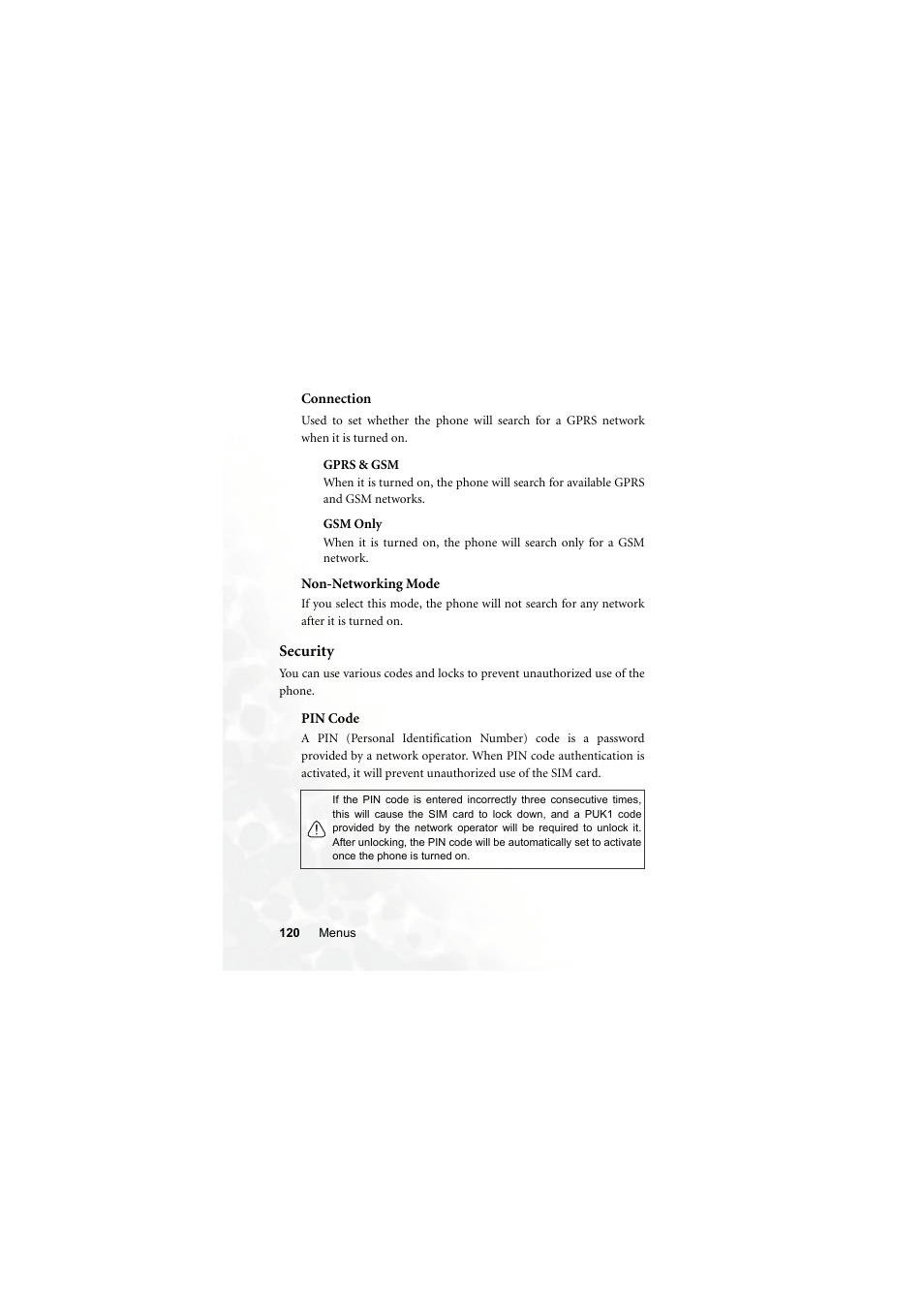 Connection, Gprs & gsm, Gsm only | Non-networking mode, Security, Pin code | BenQ Z2 User Manual | Page 136 / 148