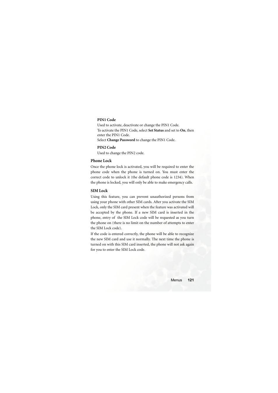 Pin1 code, Pin2 code, Phone lock | Sim lock | BenQ Z2 User Manual | Page 137 / 148
