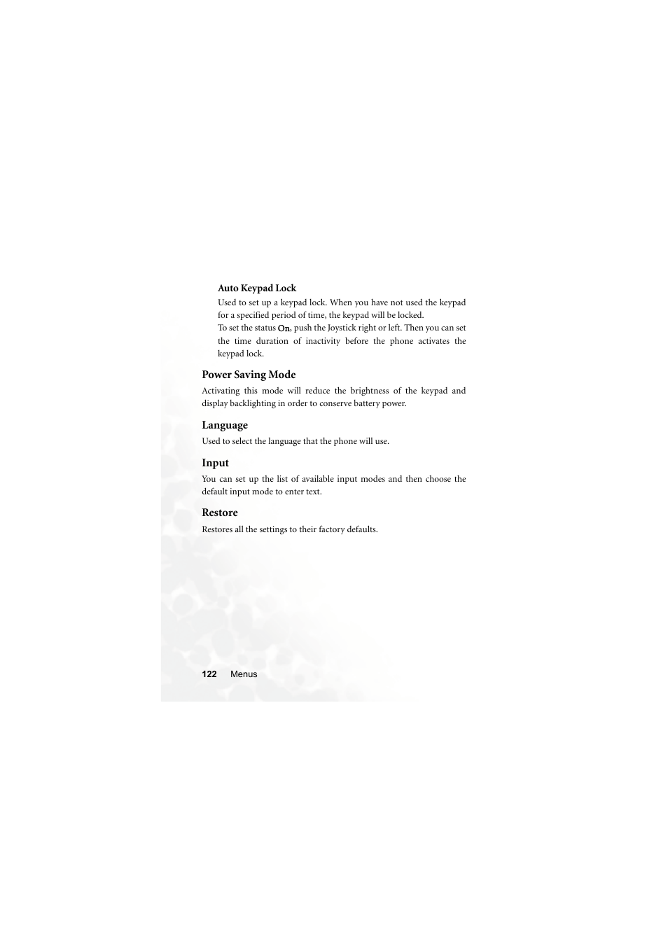 Auto keypad lock, Power saving mode, Language | Input, Restore, Power saving mode language input restore | BenQ Z2 User Manual | Page 138 / 148