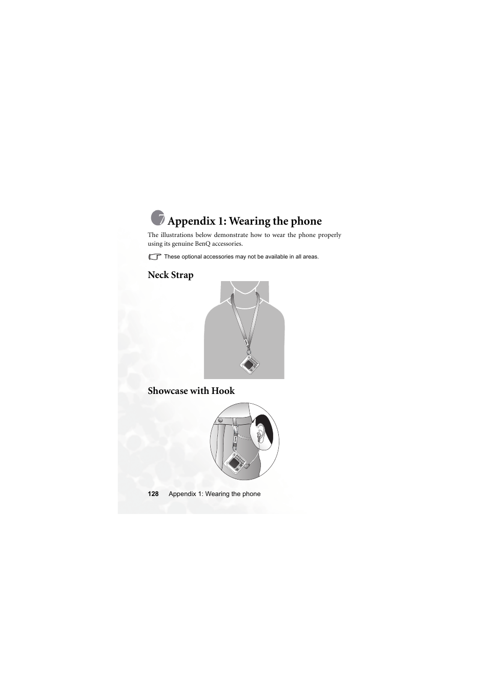 Appendix 1: wearing the phone, Neck strap, Showcase with hook | BenQ Z2 User Manual | Page 144 / 148