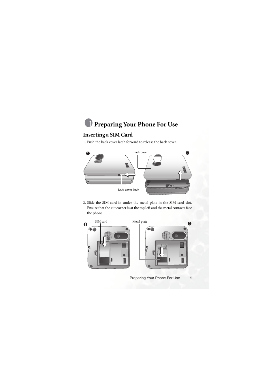 Preparing your phone for use, Inserting a sim card | BenQ Z2 User Manual | Page 17 / 148