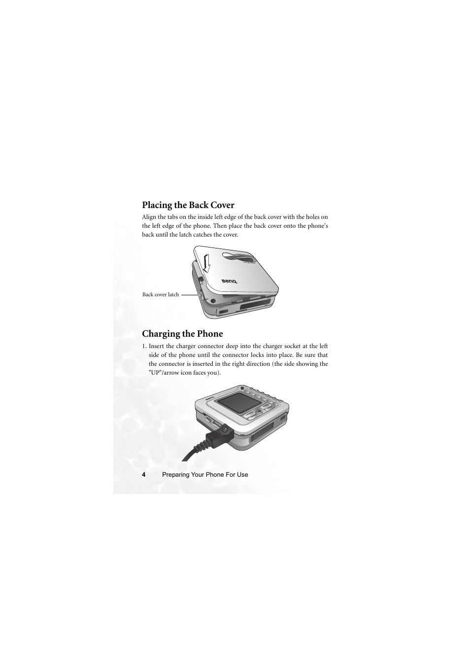 Placing the back cover, Charging the phone | BenQ Z2 User Manual | Page 20 / 148