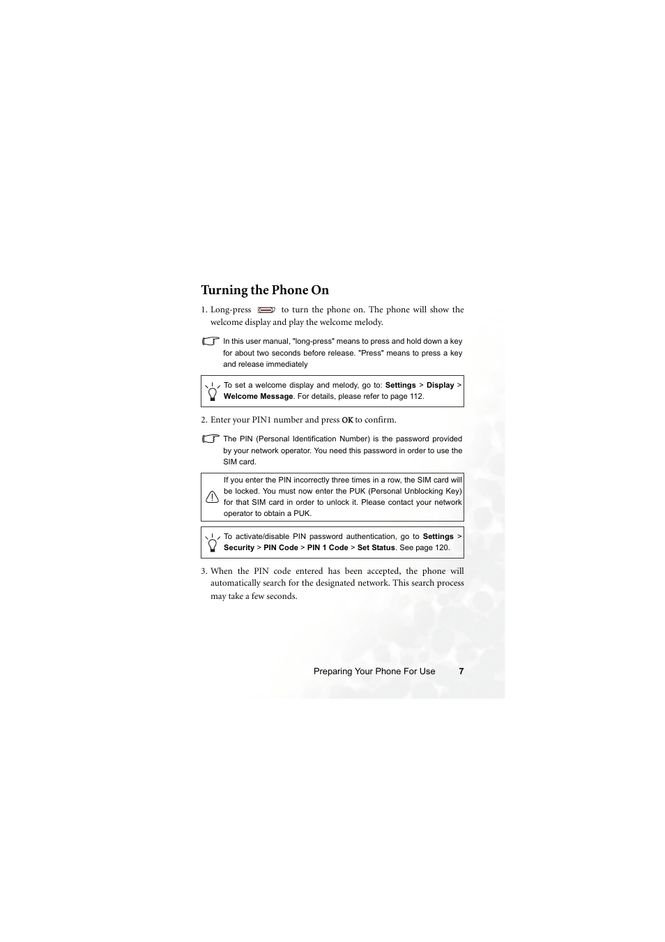 Turning the phone on | BenQ Z2 User Manual | Page 23 / 148