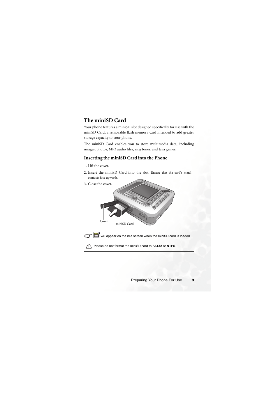 The minisd card | BenQ Z2 User Manual | Page 25 / 148