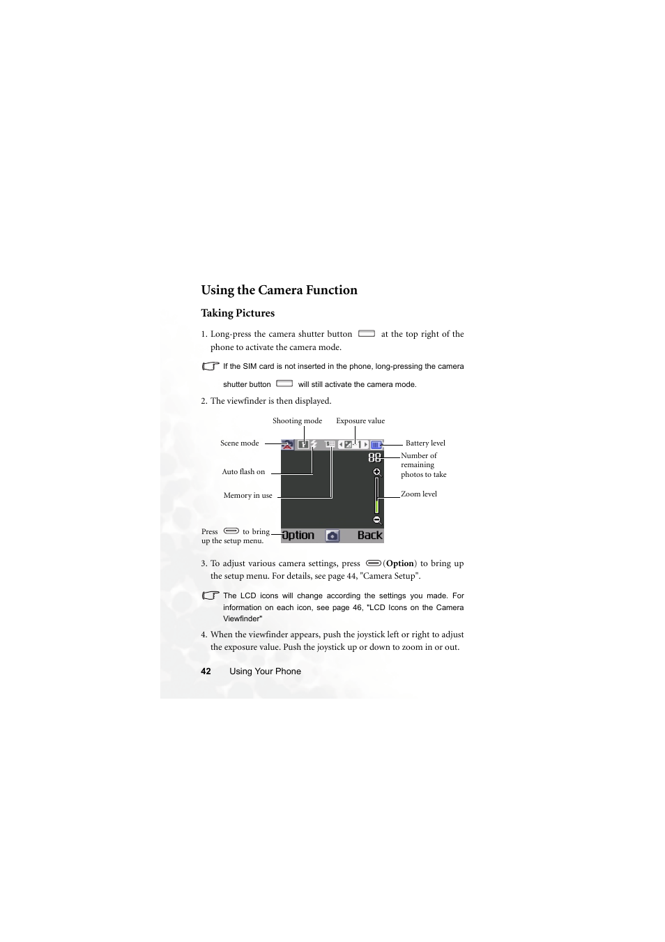 Using the camera function, Taking pictures | BenQ Z2 User Manual | Page 58 / 148