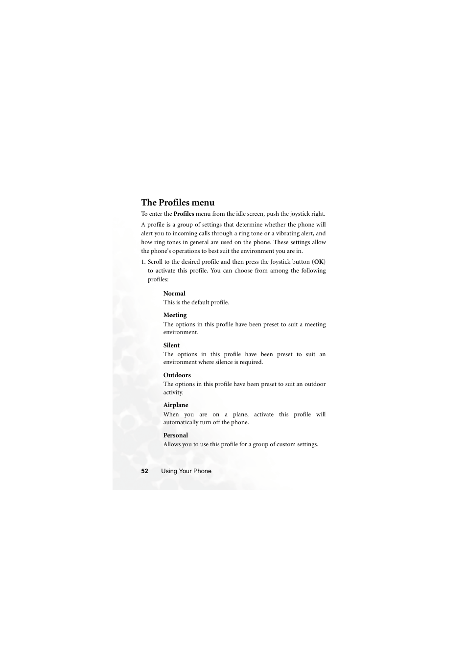 The profiles menu, Normal, Meeting | Silent, Outdoors, Airplane, Personal | BenQ Z2 User Manual | Page 68 / 148