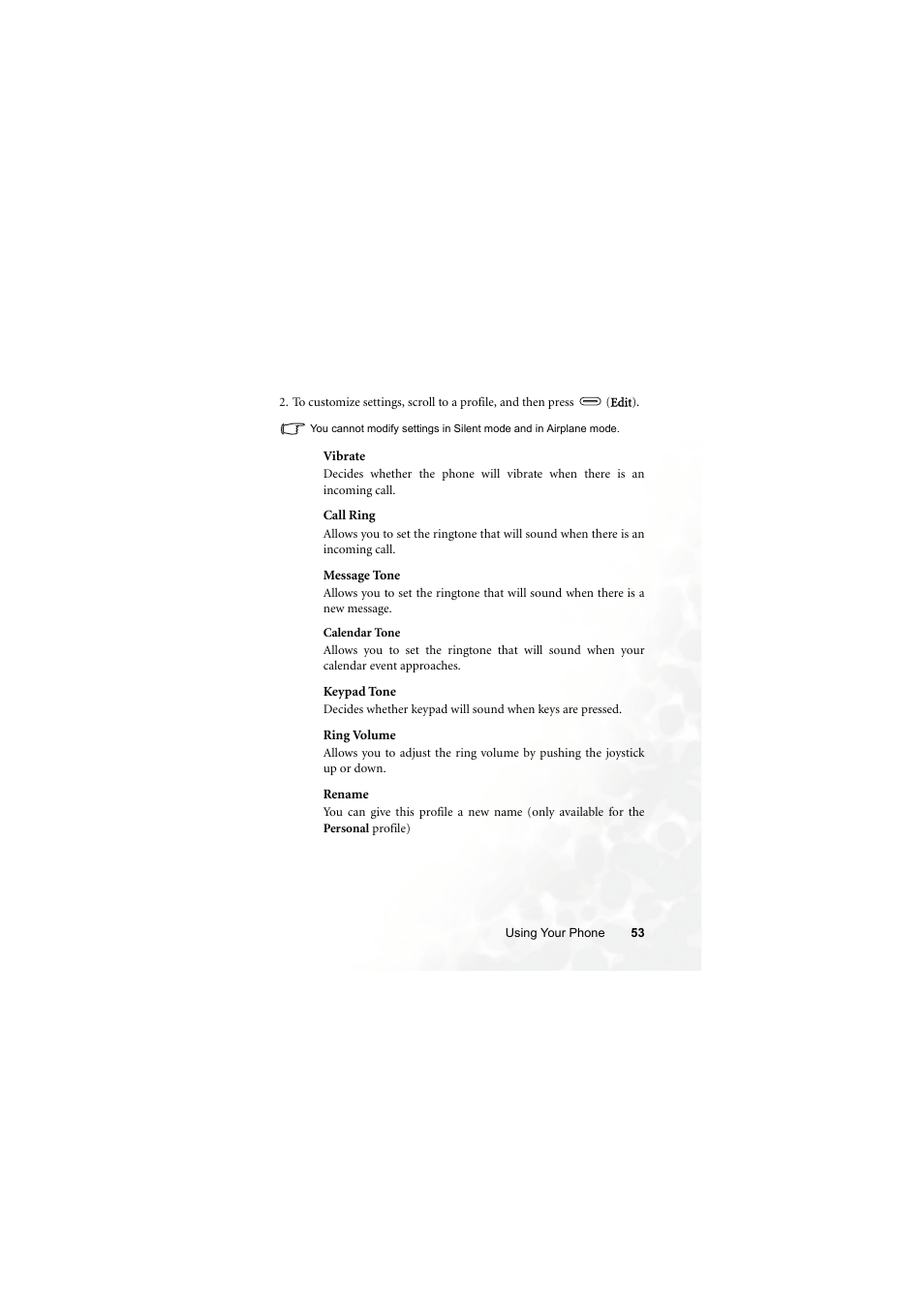 Vibrate, Call ring, Message tone | Calendar tone, Keypad tone, Ring volume, Rename | BenQ Z2 User Manual | Page 69 / 148