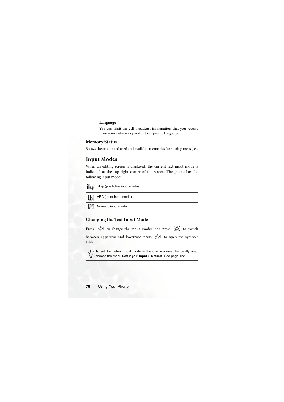 Memory status, Input modes, Changing the text input mode | BenQ Z2 User Manual | Page 92 / 148