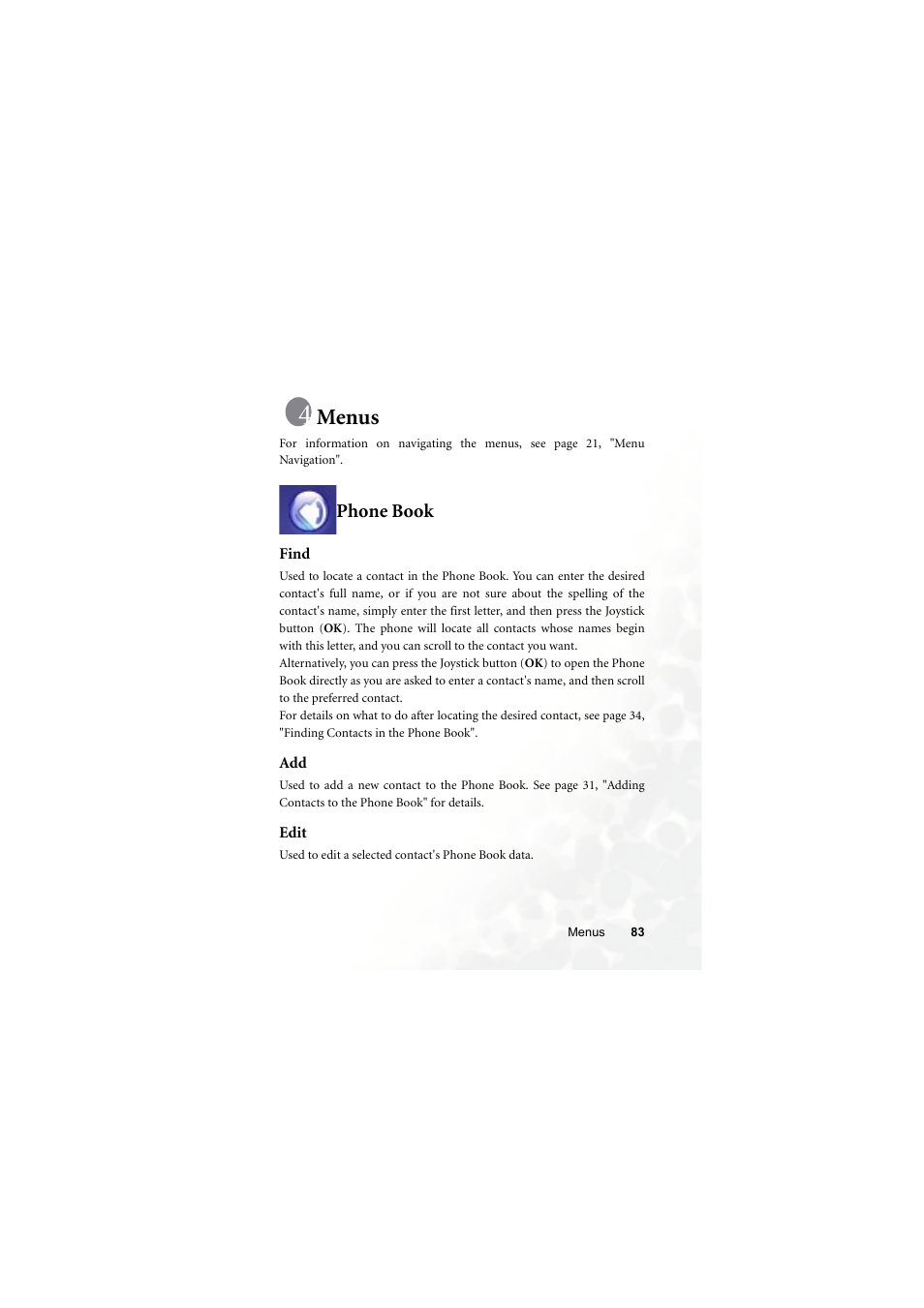 Menus, Phone book, Find | Edit, Find add edit | BenQ Z2 User Manual | Page 99 / 148