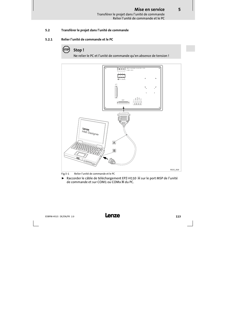 2 transférer le projet dans l'unité de commande, 1 relier l'unité de commande et le pc, Transférer le projet dans l’unité de commande | Relier l’unité de commande et le pc, Mise en service, Stop | Lenze EPM-H515 User Manual | Page 113 / 138