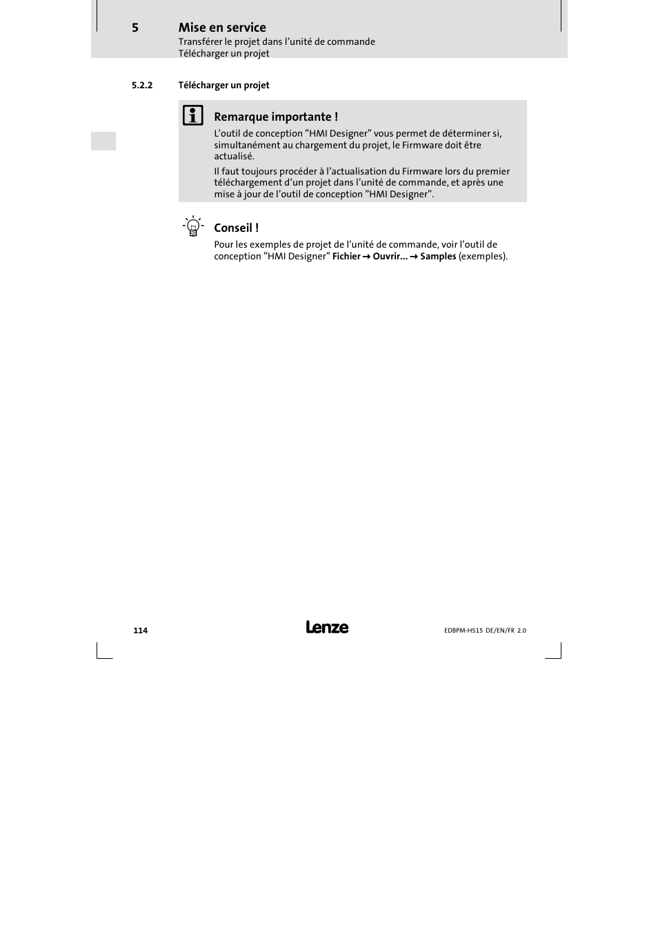 2 télécharger un projet, Télécharger un projet | Lenze EPM-H515 User Manual | Page 114 / 138