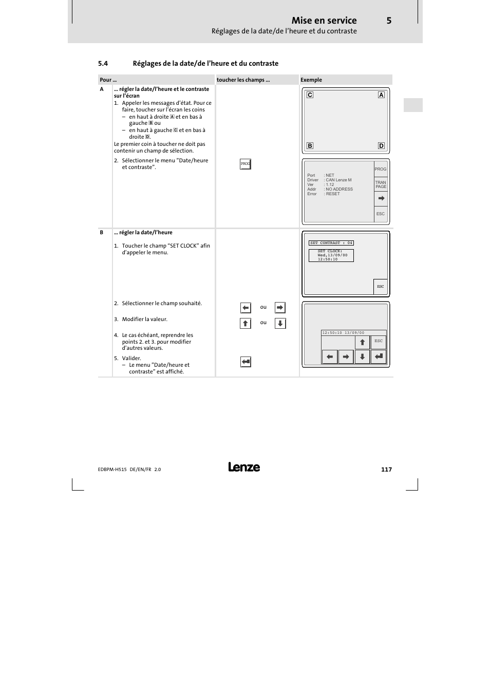 4 réglages de la date/ de l'heure et du contraste, Réglages de la date/de l’heure et du contraste, Mise en service | 4 réglages de la date/de l’heure et du contraste | Lenze EPM-H515 User Manual | Page 117 / 138