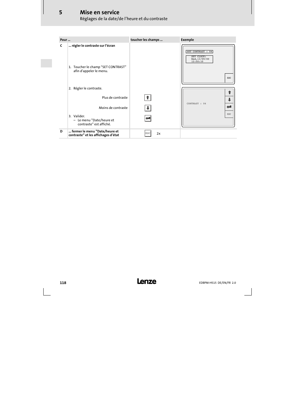 Mise en service, Réglages de la date/de l’heure et du contraste | Lenze EPM-H515 User Manual | Page 118 / 138