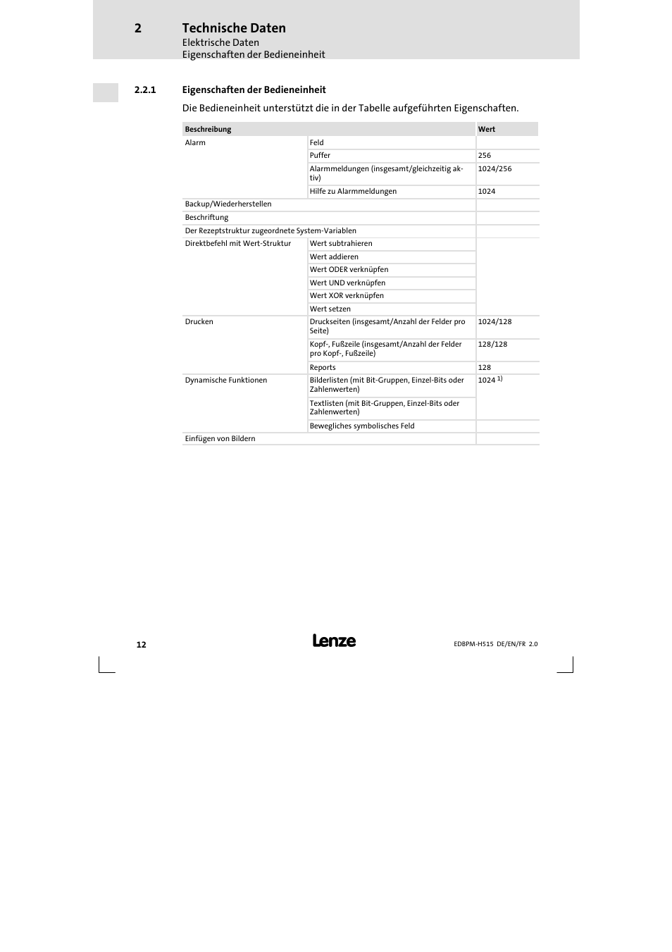 1 eigenschaften der bedieneinheit, Eigenschaften der bedieneinheit, Technische daten | Lenze EPM-H515 User Manual | Page 12 / 138
