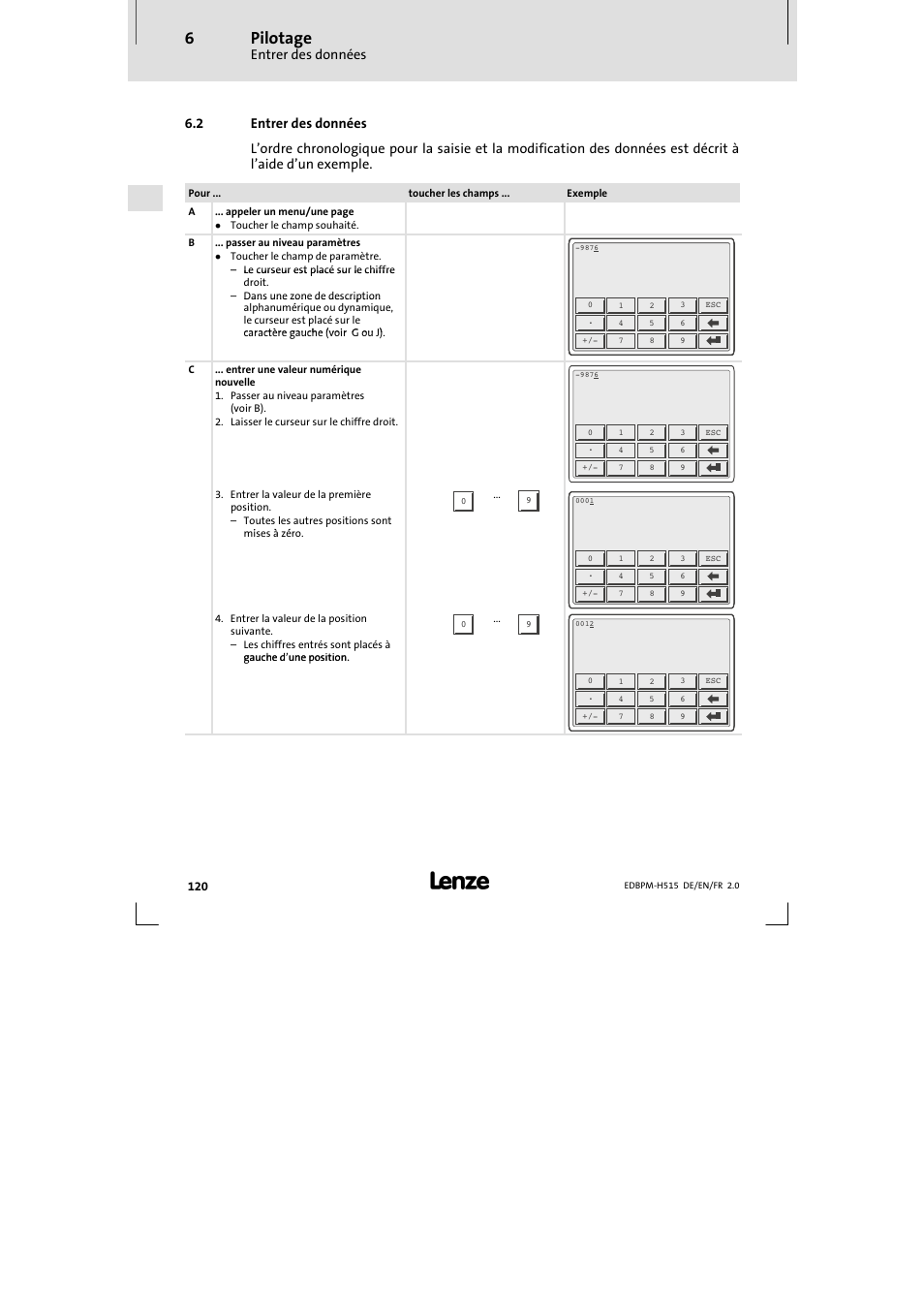 2 entrer des données, Entrer des données, Pilotage | Lenze EPM-H515 User Manual | Page 120 / 138