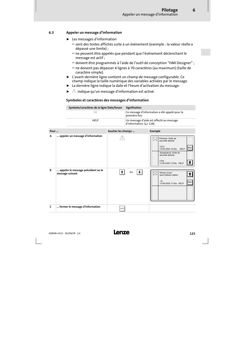 3 appeler un message d'information, Appeler un message d’information, Pilotage | Lenze EPM-H515 User Manual | Page 125 / 138