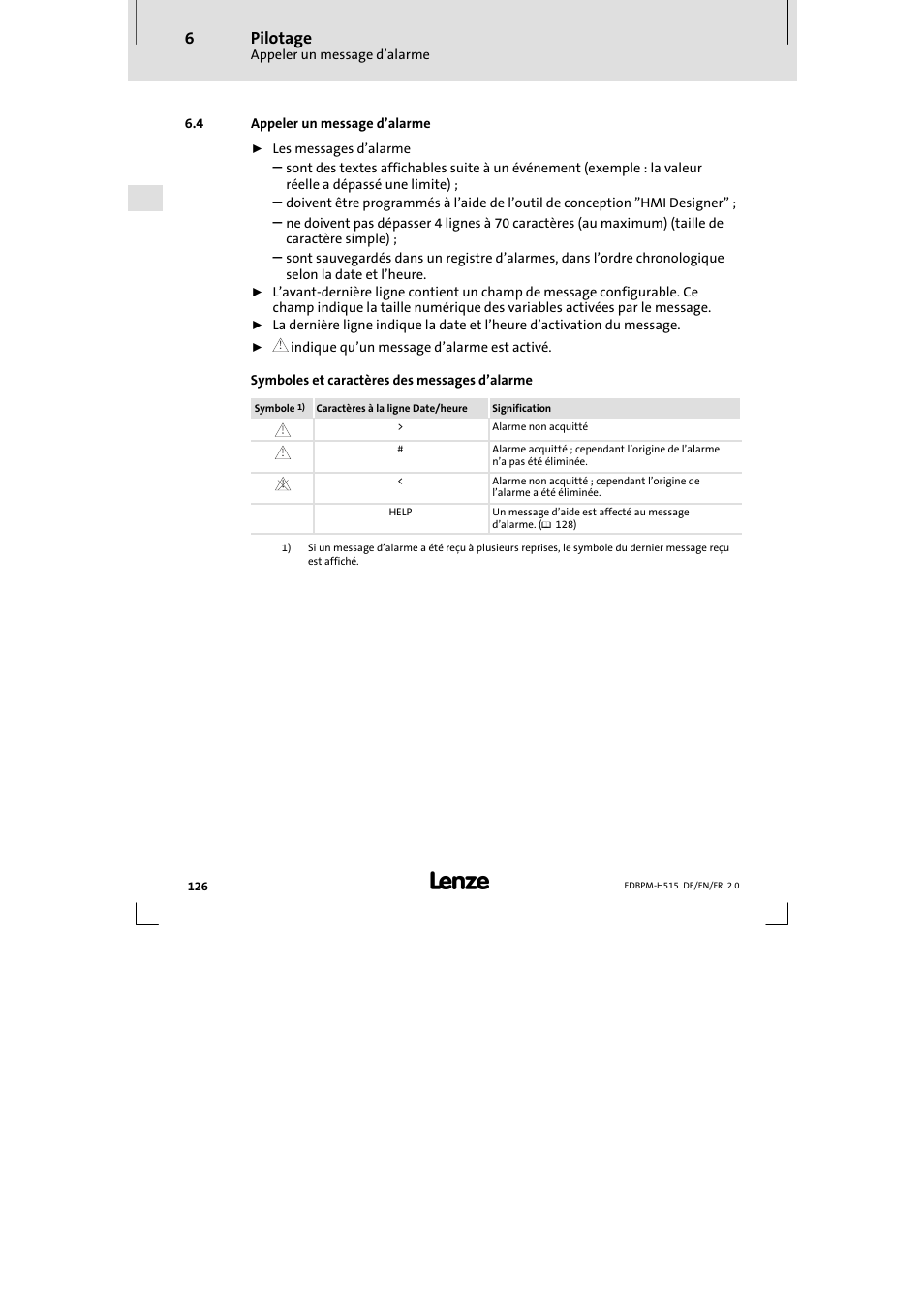 4 appeler un message d'alarme, Appeler un message d’alarme, Pilotage | Lenze EPM-H515 User Manual | Page 126 / 138