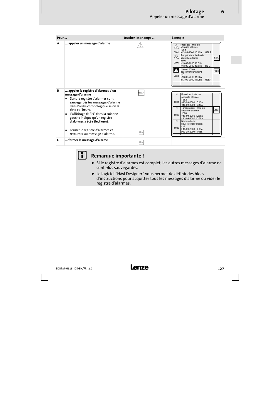 Pilotage, Remarque importante, Appeler un message d’alarme | Lenze EPM-H515 User Manual | Page 127 / 138