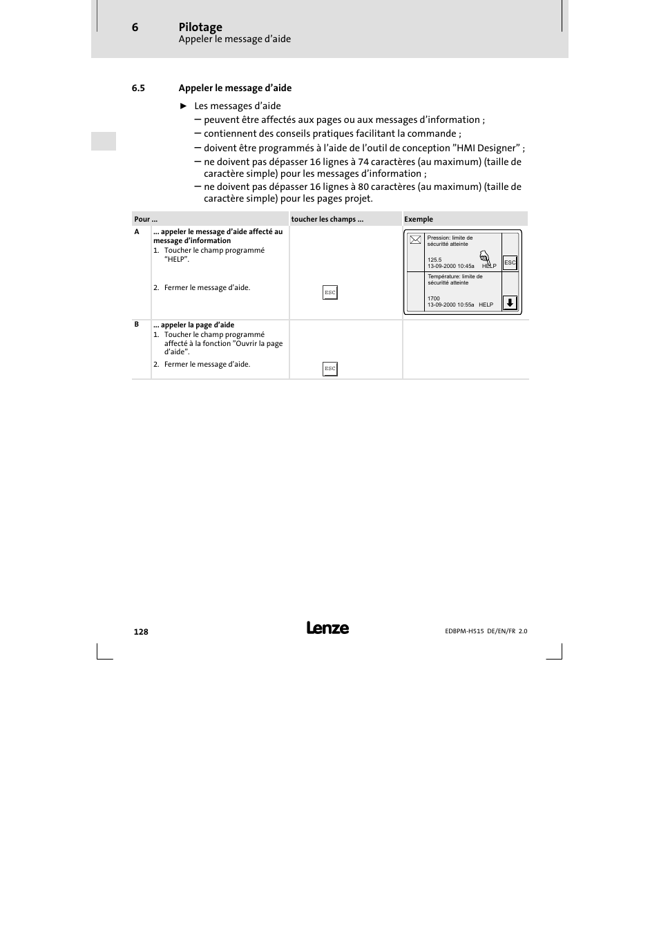 5 appeler le message d'aide, Appeler le message d’aide, Pilotage | Lenze EPM-H515 User Manual | Page 128 / 138