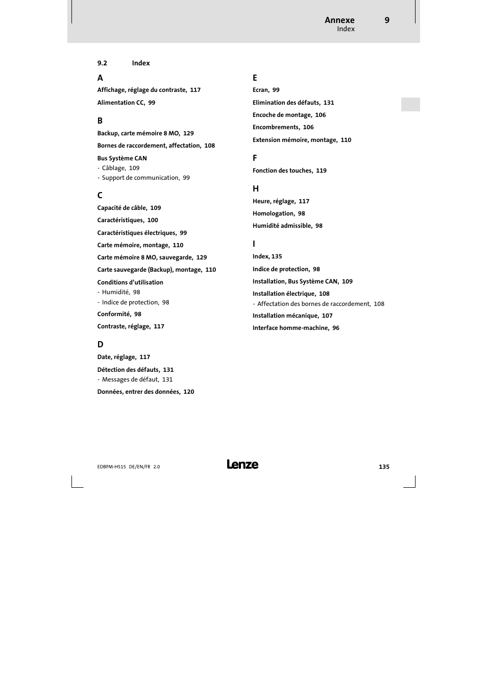 2 index, Index | Lenze EPM-H515 User Manual | Page 135 / 138