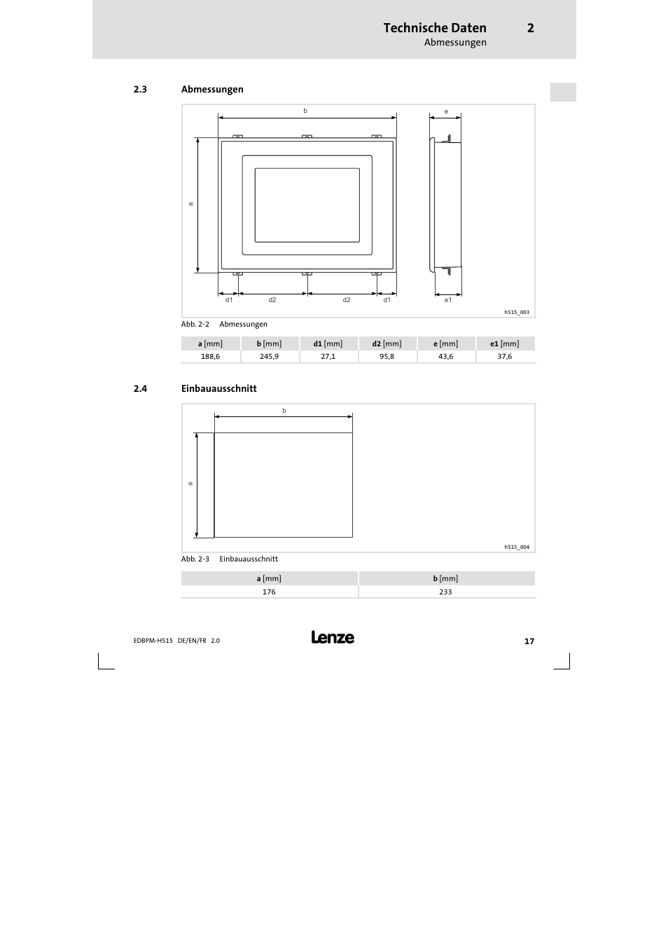 3 abmessungen, 4 einbauausschnitt, Abmessungen | Einbauausschnitt, Technische daten | Lenze EPM-H515 User Manual | Page 17 / 138