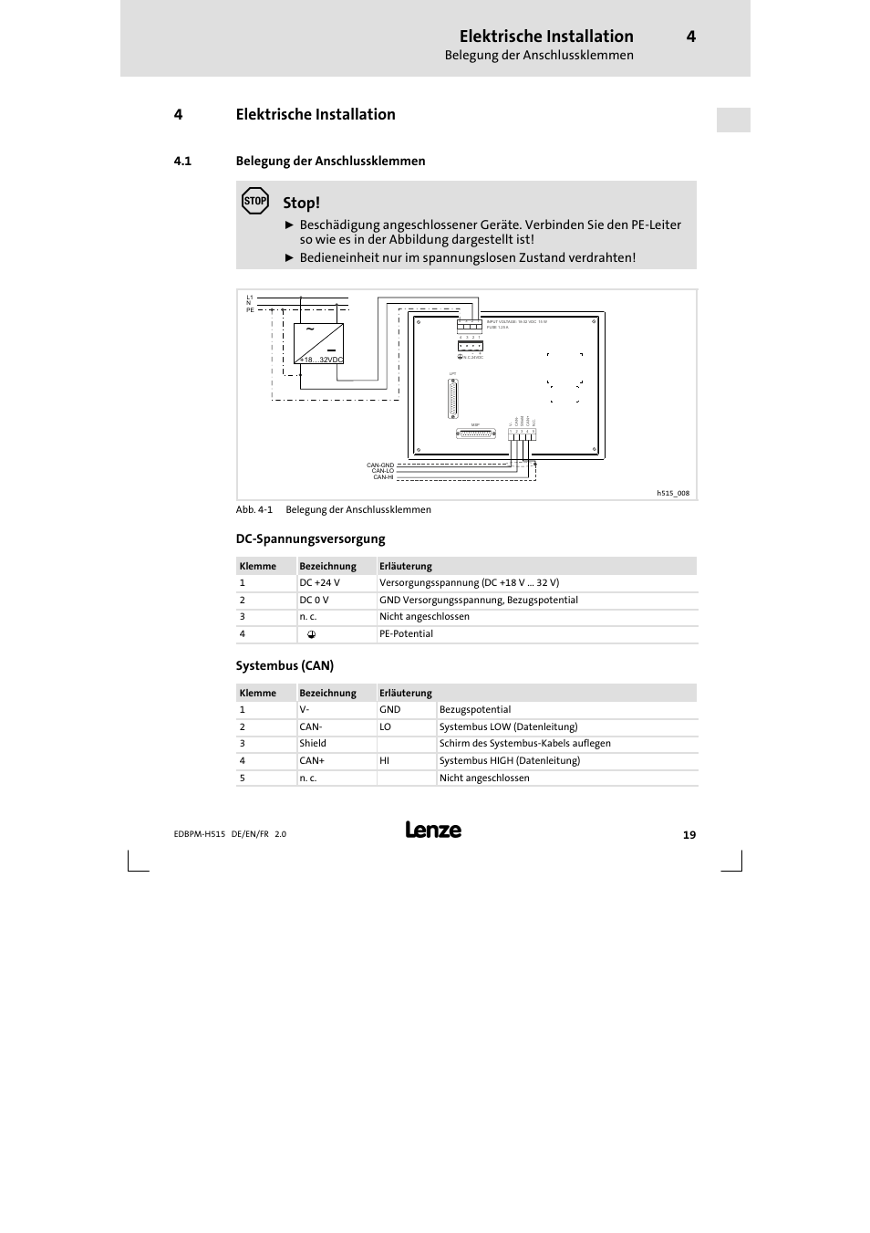 4 elektrische installation, 1 belegung der anschlussklemmen, Elektrische installation | Belegung der anschlussklemmen, 4elektrische installation, Stop, Dc-spannungsversorgung, Systembus (can) | Lenze EPM-H515 User Manual | Page 19 / 138