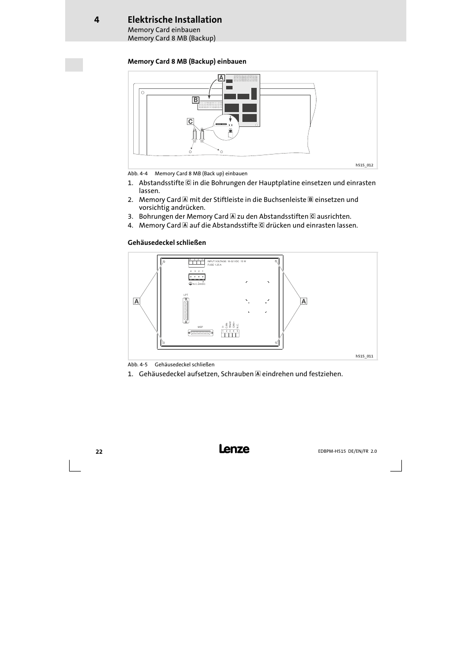 Elektrische installation | Lenze EPM-H515 User Manual | Page 22 / 138