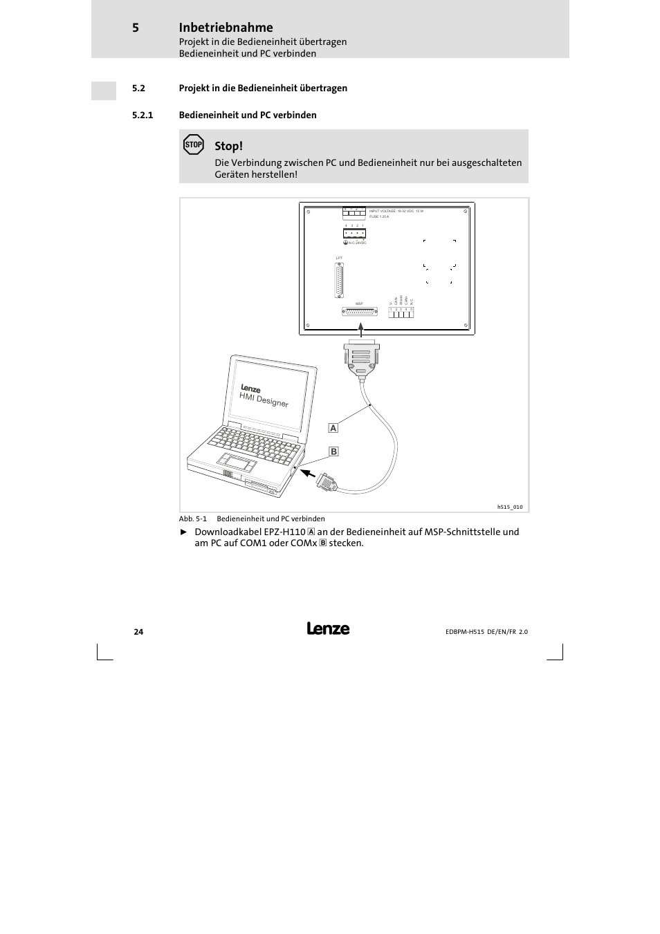 2 projekt in die bedieneinheit übertragen, 1 bedieneinheit und pc verbinden, Projekt in die bedieneinheit übertragen | Bedieneinheit und pc verbinden, Inbetriebnahme, Stop | Lenze EPM-H515 User Manual | Page 24 / 138